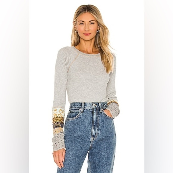 Free People In The Mix Cuff Crochet Long Sleeve Crewneck Top in Heather Grey - Picture 1 of 9